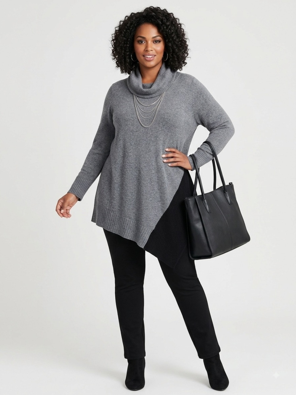 Love Token Charcoal Grey Angora Blend Asymmetrical Cowl Neck Sweater Tunic 3X